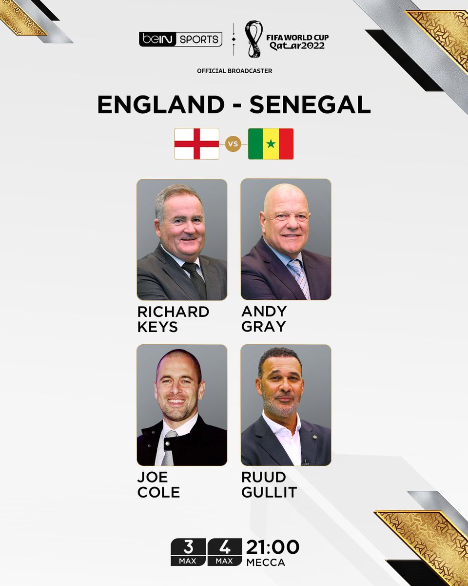 beIN SPORTS (@beinsports_en) on Twitter photo 🔜 🏴 🆚 🇸🇳
<a href="/richardajkeys/">Richard Keys</a> & Andy Gray are joined by Joe Cole & <a href="/GullitR/">Ruud Gullit</a> as the Three Lions take on the Lions of Teranga!
📺 Join us on beIN SPORTS MAX 3 now for #ENGSEN
#FIFAWorldCup #Qatar2022 🔜 🏴 🆚 🇸🇳
<a href="/richardajkeys/">Richard Keys</a> & Andy Gray are joined by Joe Cole & <a href="/GullitR/">Ruud Gullit</a> as the Three Lions take on the Lions of Teranga!
📺 Join us on beIN SPORTS MAX 3 now for #ENGSEN
#FIFAWorldCup #Qatar2022