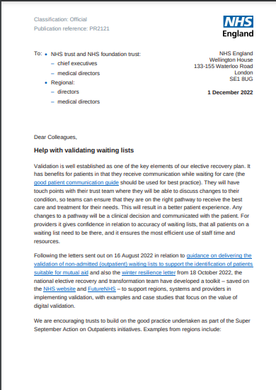 western4uk's tweet image. Help with validating waiting lists - NHS England

#resource_management #waiting_lists #elective_care #commissioning #communication #patient_satisfaction #dear_colleague_letters #nhs_circulars #greylit #greyliterature #nglc

tinyurl.com/nglc221124042