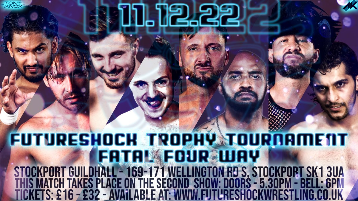 FutureShockWres's tweet photo. Our 6pm show main event on Dec 11th will be the final of the 2022 #FutureShockTrophy Tournament. A fatal four way finale featuring the winners of the four first round matches.

The only certainty is that the winner will really have to earn it!

Tickets: https://t.co/wU4n9ryj41 https://t.co/9ddLOgcHkX