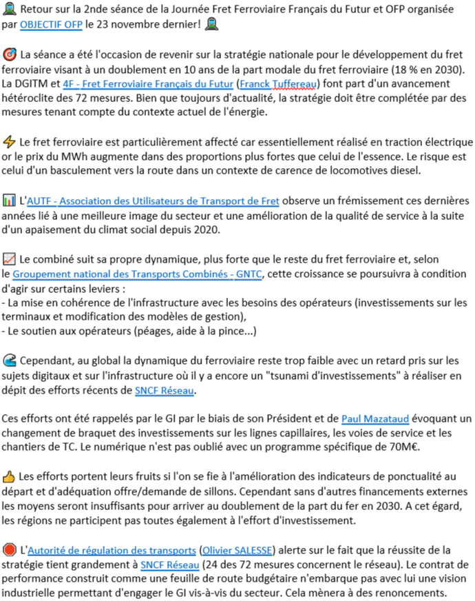 🚨 FRET FERROVIAIRE : Séance de rattrapage pour ceux qui ont raté la conférence annuelle d'Objectif OFP. Voici un résumé de la séance n°2.
#ferroviaire #fret #sncf #transports