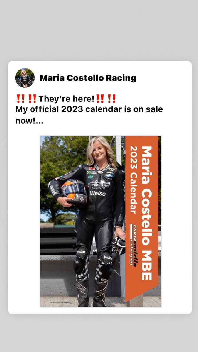 My 2023 calendar 📆 is on sale now! First 20 orders also get a personalised Xmas 🎄 card. All include an autographed card.
£12 each inc P+P to the UK
Email maria@costelloracing.com 
Huge thanks to @owbcreative for making this possible. #2023calendar