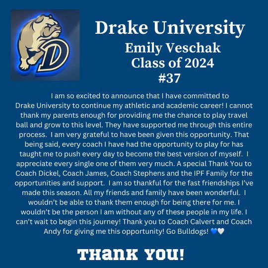 EmilyVeschak's tweet photo. I am very happy to say I have decided to commit to Drake University!!🤍💙 @IowaPremierFP @IPF_James5 @DrakeSoftball @AndyDJesus https://t.co/YOqVpguGpL
