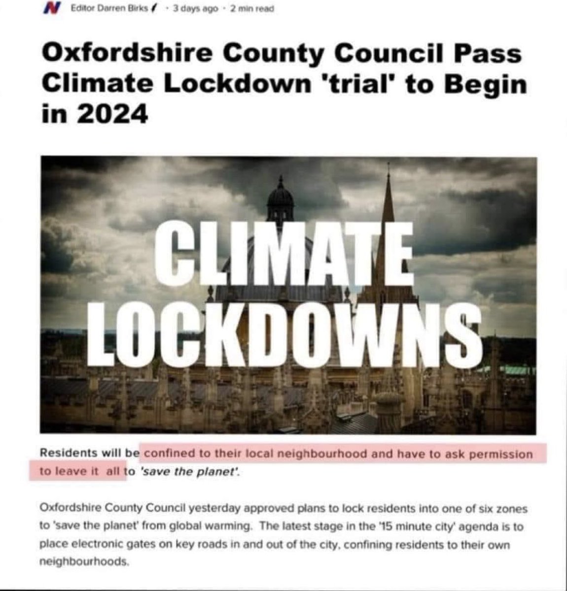 LoisPerry26's tweet photo. Sweet Jesus... People will be locked in their neighbourhoods using electronic gates in Oxfordshire from 2024. Requiring permission to leave.
This is inorder to 'save the planet'
1984 is now. Welcome to Hell. Dystopia.
Still think this is about 'Climate Change'? Xx https://t.co/AU5nAiBK73