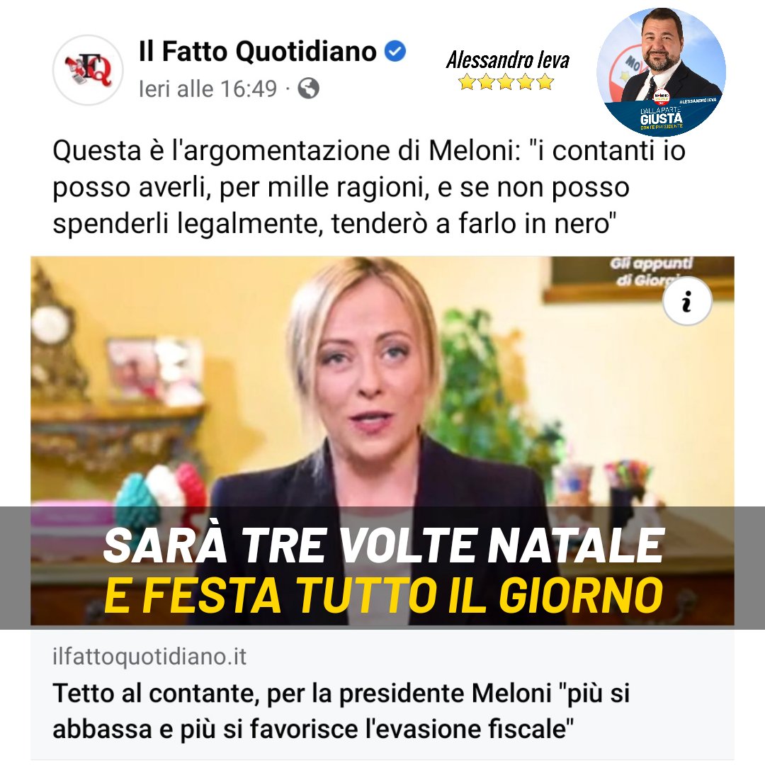 Il signor Presidente del Consiglio Meloni, dopo aver dichiarato che più si abbassa il tetto del contante e più si favorisce l'evasione fiscale, aggiunge ...
Sarà tre volte Natale e festa tutto il giorno... <a href="/GiuseppeConteIT/">Giuseppe Conte</a> <a href="/Mov5Stelle/">MoVimento 5 Stelle</a> m.facebook.com/story.php?stor…