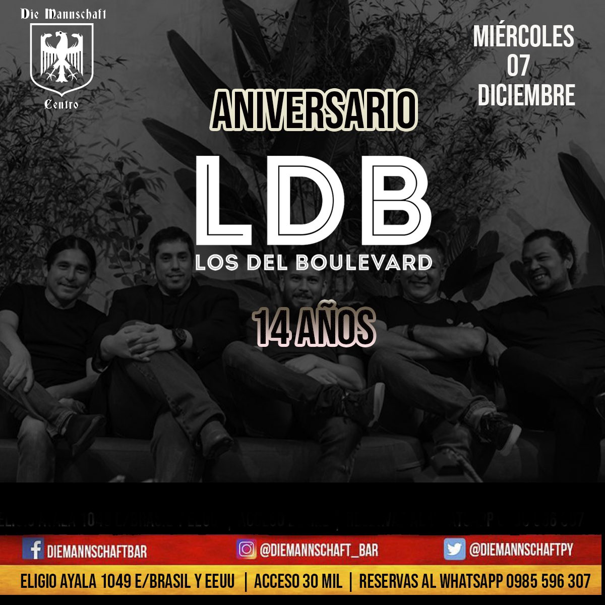 ESTE MIÉRCOLES 07/12 VÍSPERA DE FERIADO será de ANIVERSARIO de <a href="/LOSDELBOULEVARD/">Los del Boulevard</a> 
14 años 🔥🔝👏🏻
en DIE MANNSCHAFT CENTRO.
📲0985596307.
ABRIMOS 17hs
Música en vivo arranca 22hs aprox.
Prost!🍻🇩🇪🇵🇾
