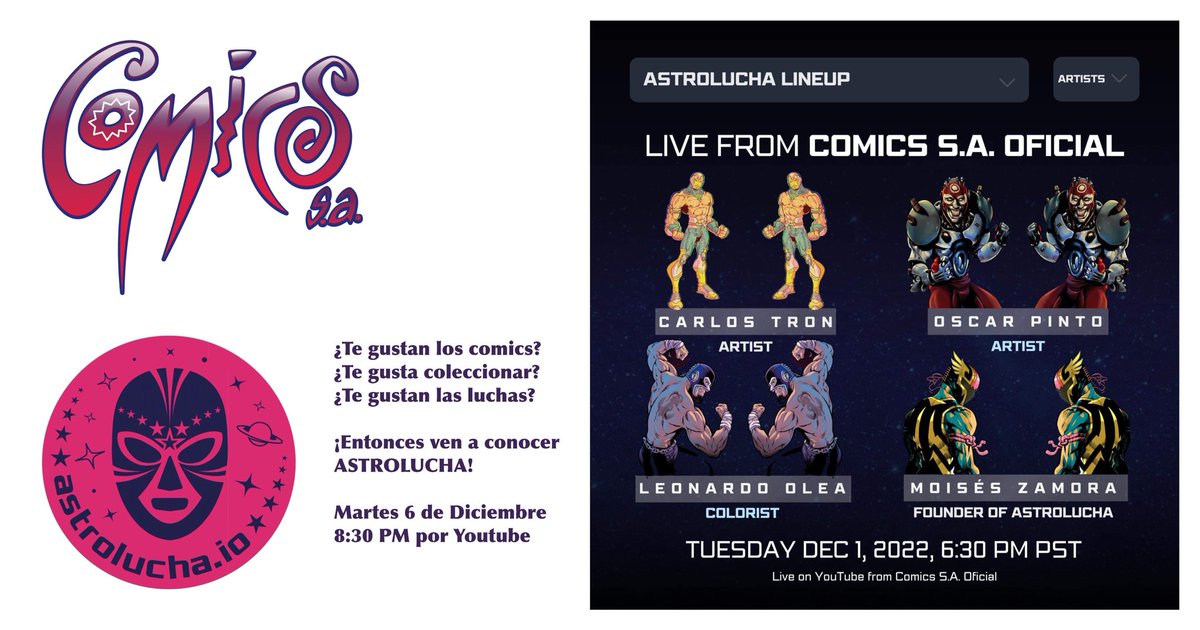 ComicsSAOficial's tweet photo. Ven a conocer el nuevo, interesante e innovador mundo de ASTROLUCHA!
Una plática con el creador de este concepto y con invitados muy… foráneos!
¡Se va a poner bueno, no te lo pierdas!
Martes, 8:30 PM, por YouTube
#astrolucha #LuchaLibre #comicssaoficial https://t.co/tCoQVFtoBa