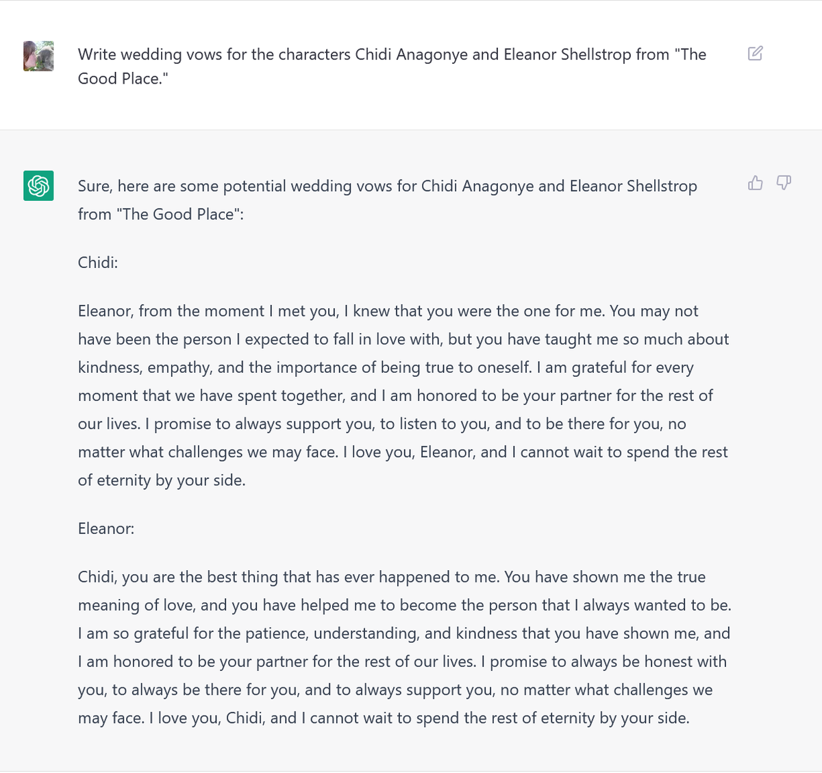 marissa_rae's tweet photo. I find #ChatGPT's limitations confounding.
Exhibit A: #Cheleanor wedding vows. Not bad, but not v. specific.
Exhibit B: Cheleanor r/relationships post. Way better, v. convincing.
Exhibit C: Cheleanor reasons to be together. Bad, generic.
Exhibit D: Why Cheleanor? BLEEP BLORP π€· https://t.co/QgxcUkV9Va