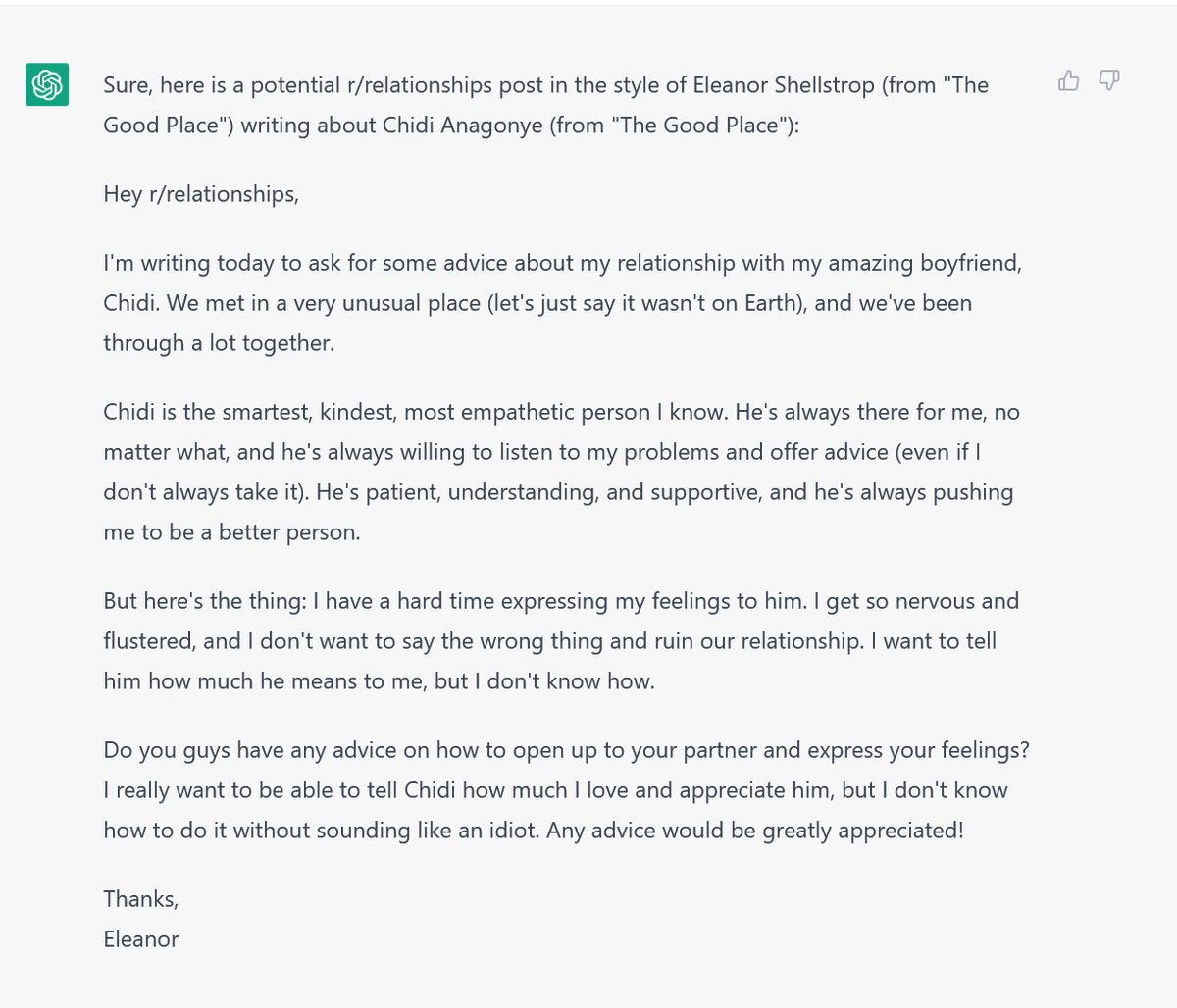 marissa_rae's tweet photo. I find #ChatGPT's limitations confounding.
Exhibit A: #Cheleanor wedding vows. Not bad, but not v. specific.
Exhibit B: Cheleanor r/relationships post. Way better, v. convincing.
Exhibit C: Cheleanor reasons to be together. Bad, generic.
Exhibit D: Why Cheleanor? BLEEP BLORP π€· https://t.co/QgxcUkV9Va