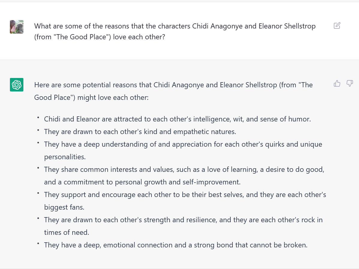 marissa_rae's tweet photo. I find #ChatGPT's limitations confounding.
Exhibit A: #Cheleanor wedding vows. Not bad, but not v. specific.
Exhibit B: Cheleanor r/relationships post. Way better, v. convincing.
Exhibit C: Cheleanor reasons to be together. Bad, generic.
Exhibit D: Why Cheleanor? BLEEP BLORP π€· https://t.co/QgxcUkV9Va