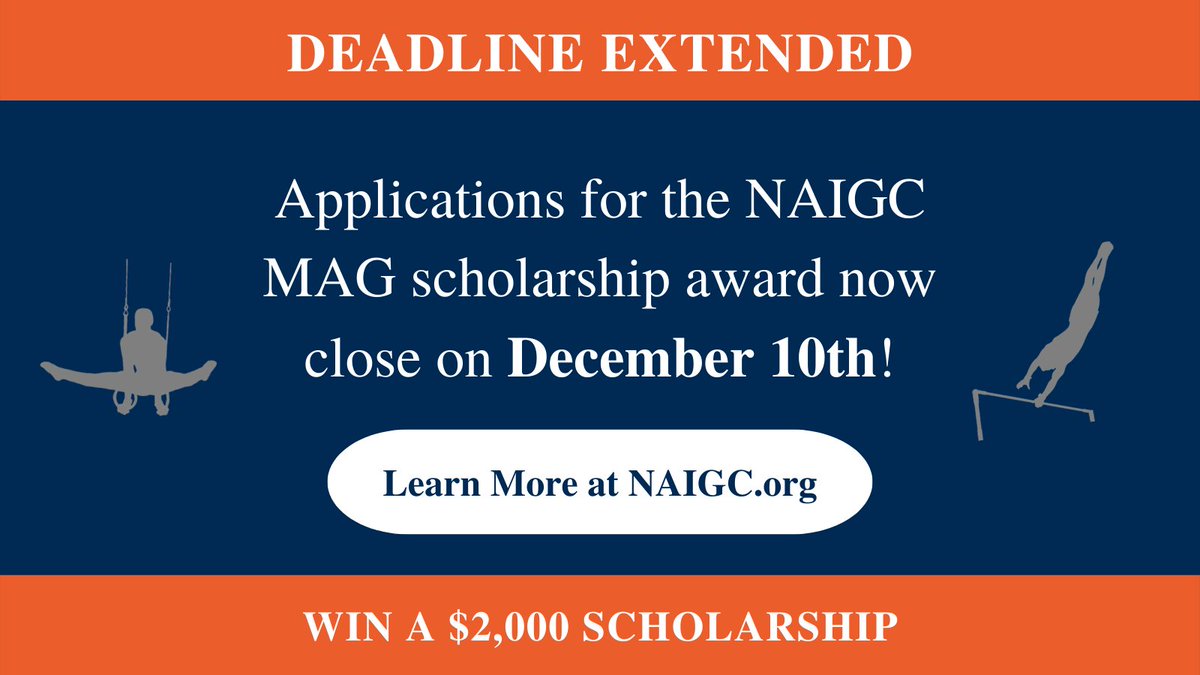 The deadline for applying to this year’s freshman MAG scholarship award has been extended! Submit your application before December 10th at 11:59 pm PST for a chance to win $2,000 towards your college tuition. Learn more at naigc.org/scholarships. 

#naigc #naigcgymnastics