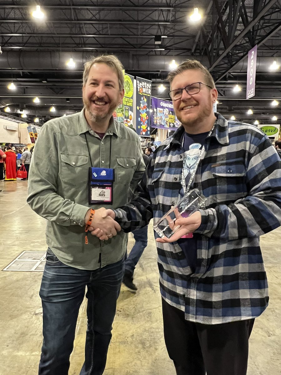 HeavyCardboard's tweet photo. Started Day 3 of #PAXUnplugged by delivering the 2018 Golden Elephant award to @roxleygames for Brass: Birmingham.

We’ve been passing like ships in the night at most conventions until now! https://t.co/2n1EVuKcaw