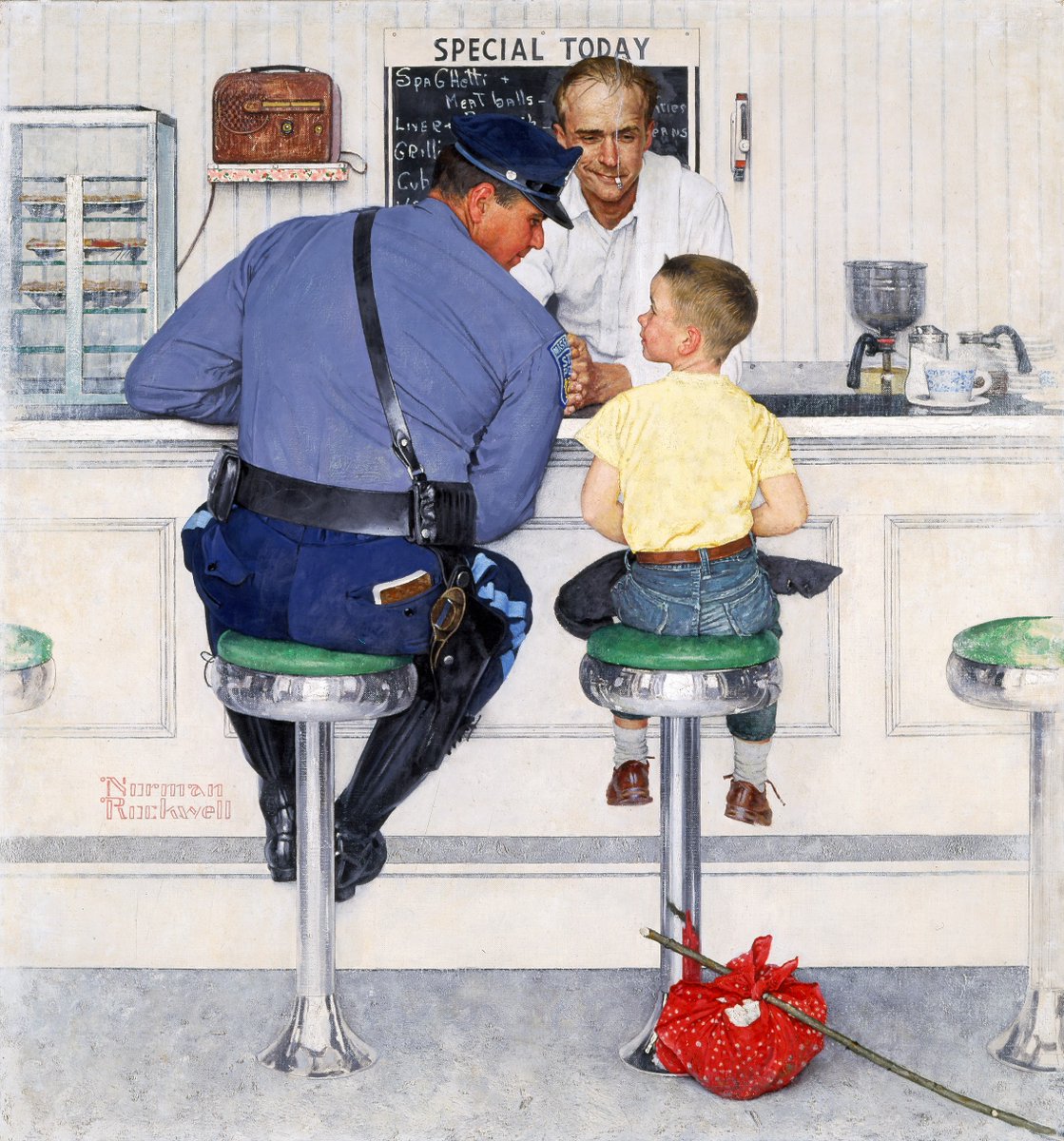 dialmformichele's tweet image. Norman Rockwell is often associated with the conservative, racist politics of 1950s white America. So I thought it would be nice to share some of his lesser-known antiracist work from the 1960s.

The Runaway, 1958  \  Golden Rule, 1961