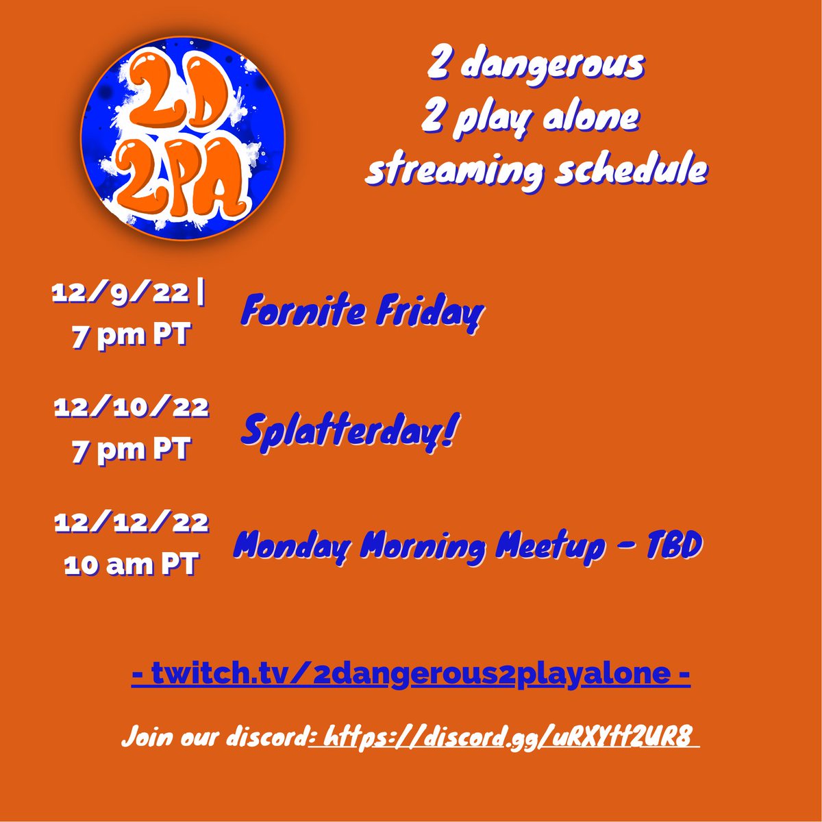 2D2PA's tweet photo. Here is our upcoming streaming schedule!  Hope you can join us! #Fortnite #Splatoon3 #NintendoSwitch #Xbox #twitchaffiliate #girlgamer https://t.co/TV6GY34tC0