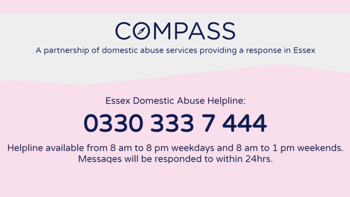 Domestic abuse is never acceptable.

If you or someone you know is experiencing domestic abuse, there is help available through Compass. 

Call Essex Compass on 0330 333 7 444 or visit the website here essexcompass.org.uk 

If someone is in immediate danger always call 999 🚨