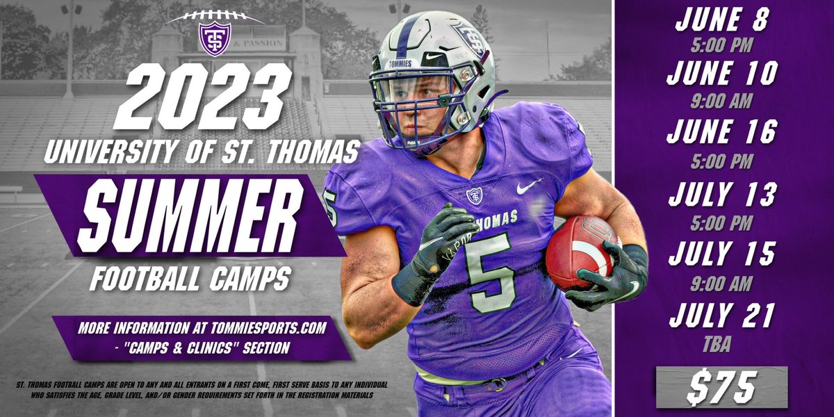 SAVE THE DATES! 🗓️🔥
2️⃣0️⃣2️⃣3️⃣ St. Thomas 🏈 
D-1 Prospect Camps 🟣⚪️⚫️ 

Space is limited for each session.
Registration &amp; Camp Info ⬇️⬇️⬇️
ustfootball.totalcamps.com/shop/EVENT