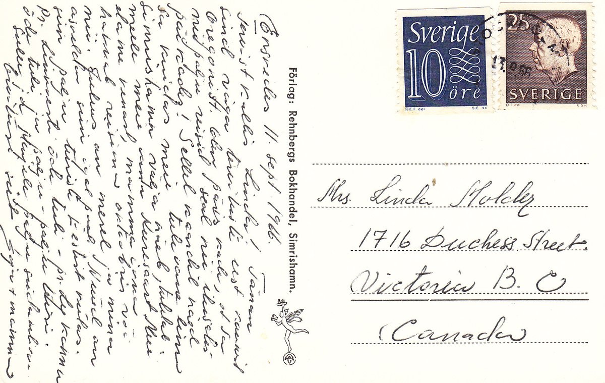 MarjeMolder's tweet photo. #philately #Vintage #Swedish #realphoto #postcard of Stora Noregatan a street in town of #Simrishamn #Sweden PU #stamps 25 krona issued 1961 Mi:: 478 + 10 ore issued 1957 Mi: 430 sent from #PM #Stockholm Sept. 13, 1966 sent to #Victoria #Canada #deltiology #Europe #Ephemera https://t.co/MEfNdOlGLd