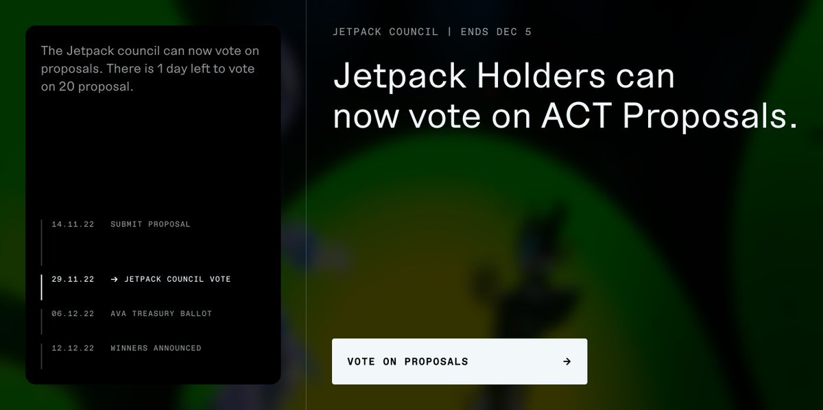 Jadu Jetpack Holders have less than 24 Hours left to vote on their favorite AVA Community Treasury (ACT) Proposals.

Jetpack Holders Vote: home.jadu.ar
🧵 Thread with all proposals below.

ᴡɪɴ ᴀ ᴊᴇᴛᴘᴀᴄᴋ  (1.5 ᴇᴛʜ)
ʟɪᴋᴇ • ʀᴛ • ᴛᴀɢ ᴀ ꜰʀɪᴇɴᴅ