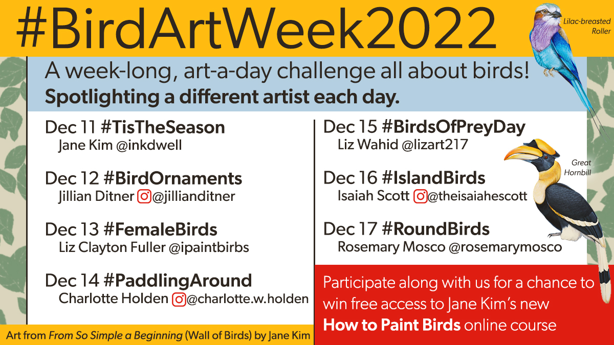 Join us for a week full of beautiful artwork and create along during #BirdArtWeek2022! Each day next week, a different artist will introduce a challenge and inspire you with their own interpretation. Post your art with the hashtag for the day, so we can see what you do.