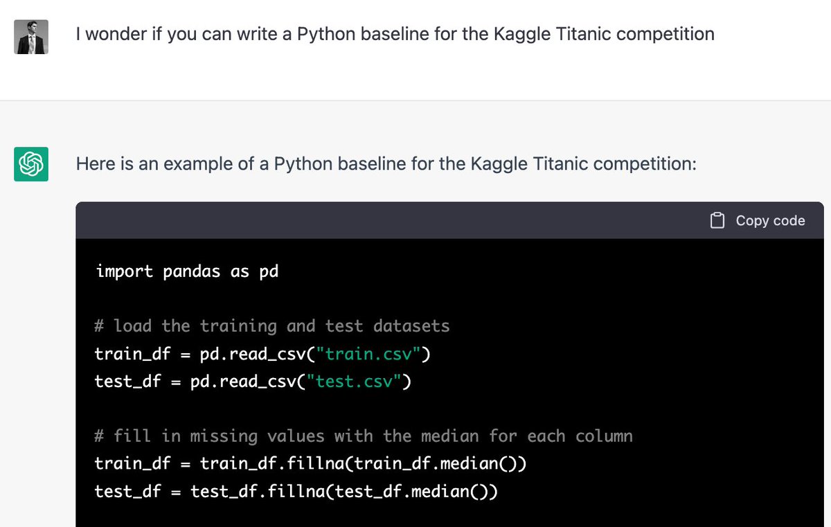 #chatGPT created a baseline for the Kaggle Titanic ML competition given a simple prompt tinyurl.com/4f7apr9t I only fixed paths to data and one final mapping from yes/no to 1/0. The result is 77% accuracy, I harldy would've done better myself, especially with the first attempt