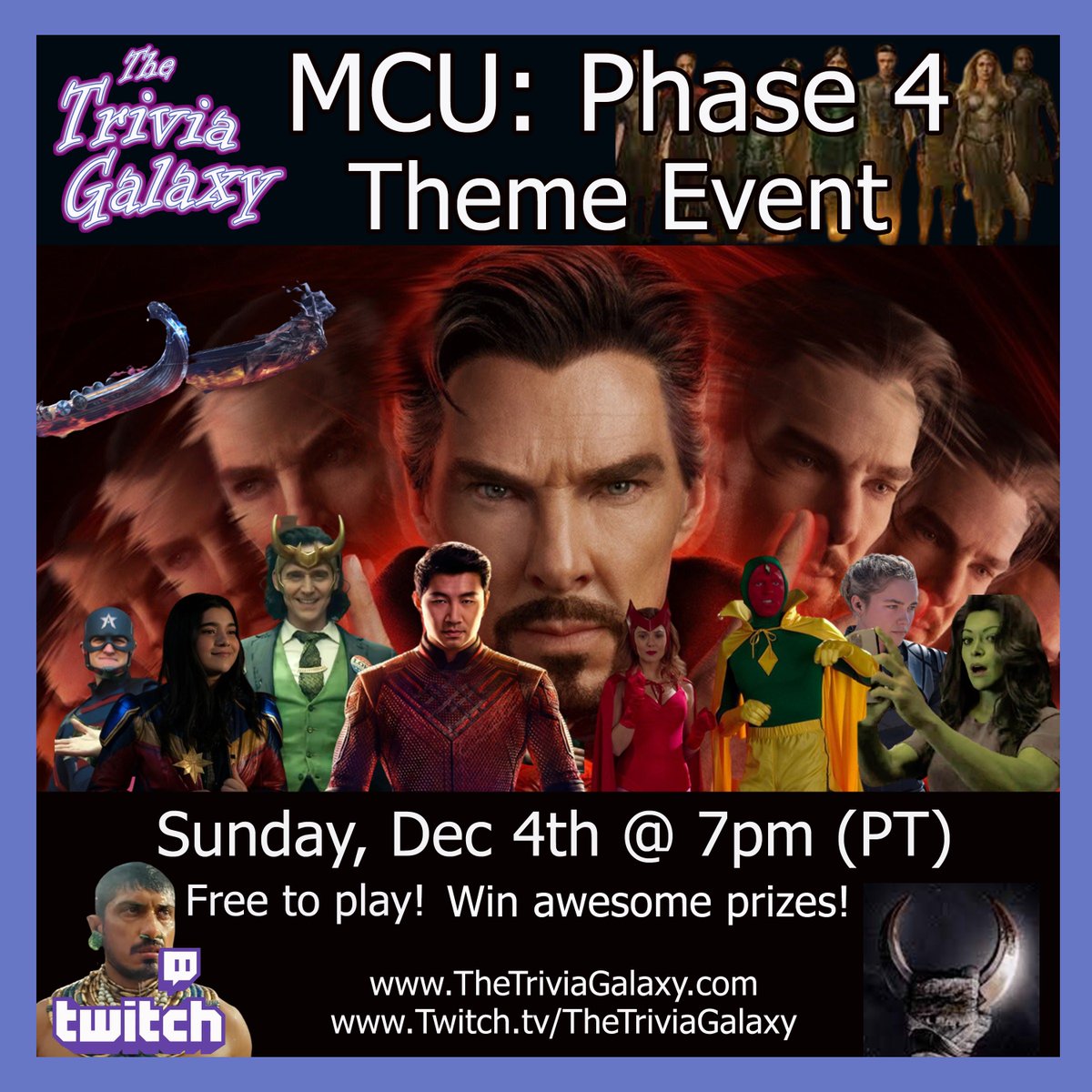 TheTriviaGalaxy's tweet photo. #thetriviagalaxy is back tonight and we're celebrating the MCU: Phase IV! Collection your ten rings, escape the TVA, and get ready to She-Hulk Smash the competition!

Submit your answers: https://t.co/4m55VfBbMs

#trivianight #trivia #quiznight #mcu #mcuphase4 #LokiAndFriends https://t.co/5GUyUc9Mud