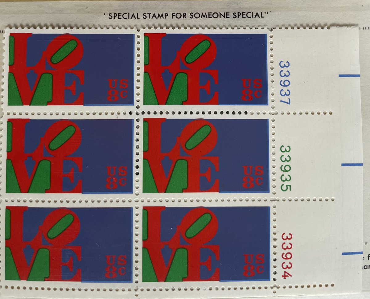 kjmr97FM's tweet photo. From my United States Plate Block Album Vol. B, 1972 - The #lovestamp . Originally issued especially in time for #valentinesday 1973, the “LOVE” stamp is suitable for use on any occasion when special sentiments are in order, such as birthday or anniversary. https://t.co/t9hfKavyIW