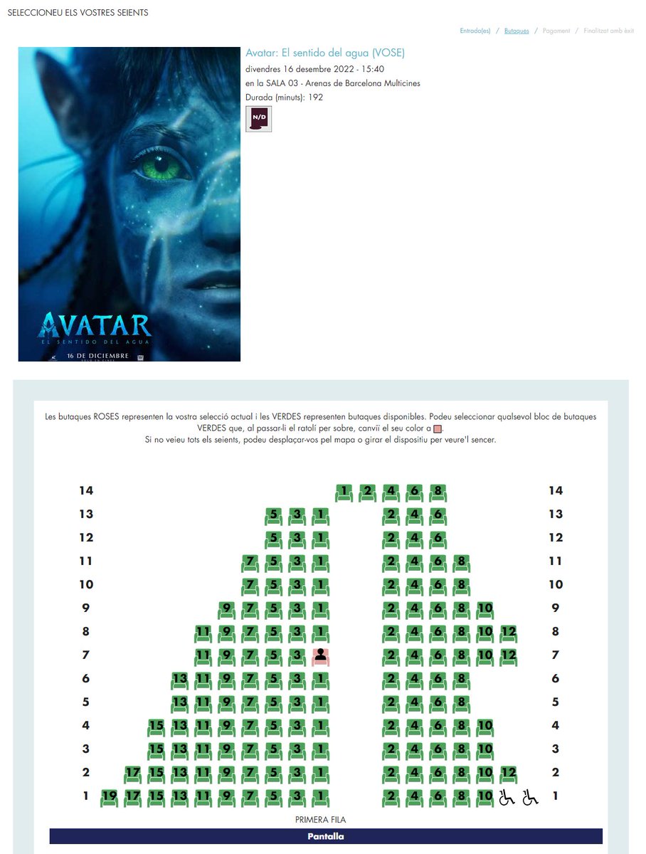 Ara mateix, a l'Arenas, a la primera sessió de la tarda de diumenge...

15:30 (català 3D): 14 espectadors
15:35 (castellà 2D): 0
15:40 (VOSE 2D): 0
16:00 (castellà 3D): 0

Els missatges s'envien així, gent. Que el ritme no pari.