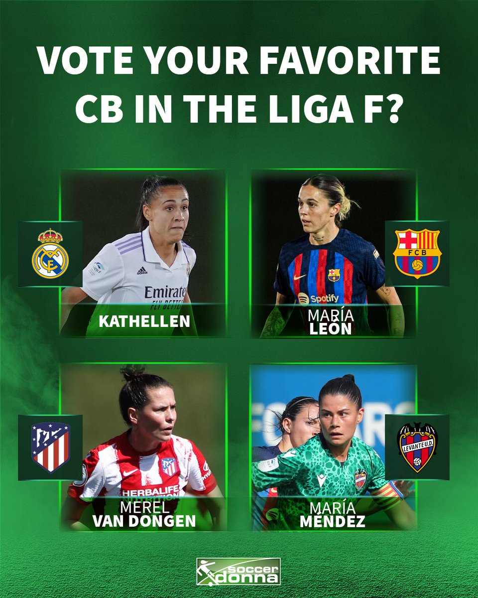 soccerdonna's tweet photo. Who is your favourite centre-back in the LigaF? 🤔
#LigaF #Kathellen #MapiLeon #MerelvanDongen #MaríaMéndez https://t.co/yKoJT1QfsZ