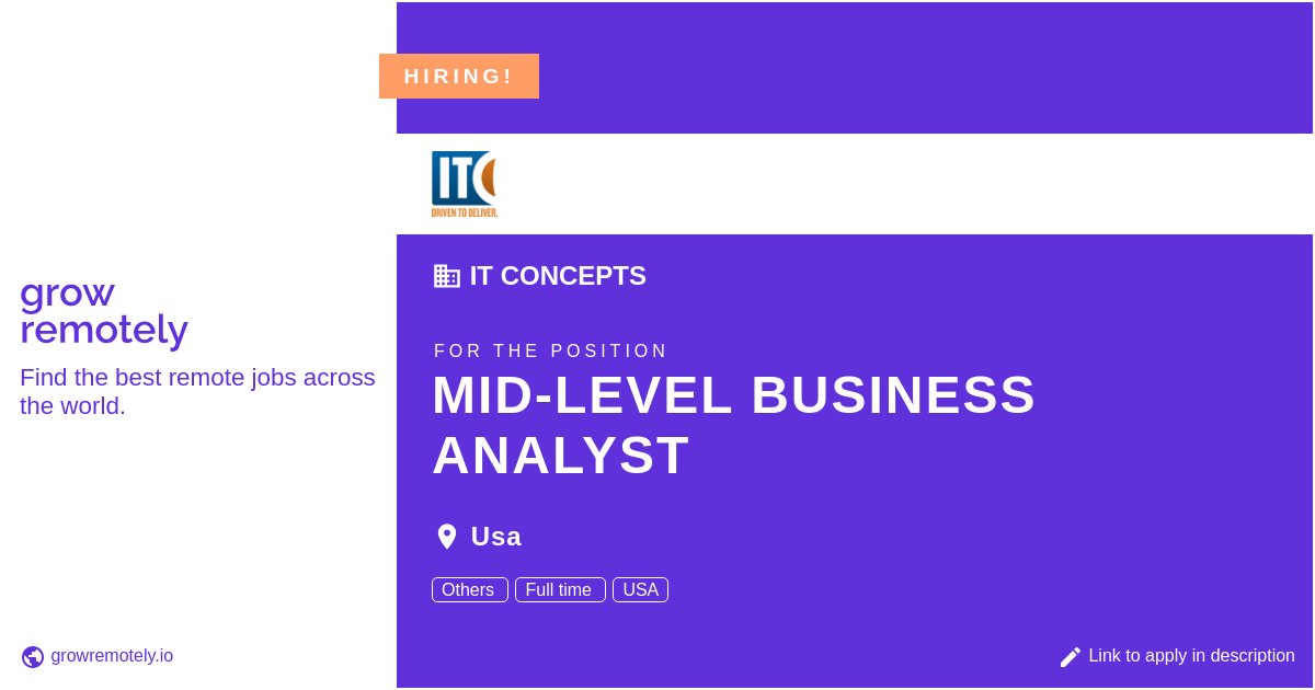 growremotelyio's tweet image. Check out this job at IT Concepts for the position Mid-level Business Analyst.

 Apply link: growremotely.io/?id=638be61128…

#hiring #remotejobs #ITConcepts #Others