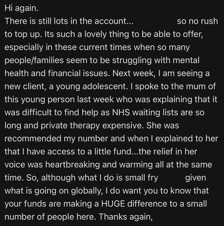 For a few years, I have been paying the therapist who saved my life for sessions that I don't attend. Instead, she gives those sessions to people who can't afford them. We call it the 'Nudge Fund' after my bunny who passed a while back. Thank you all for making it possible! ❤️