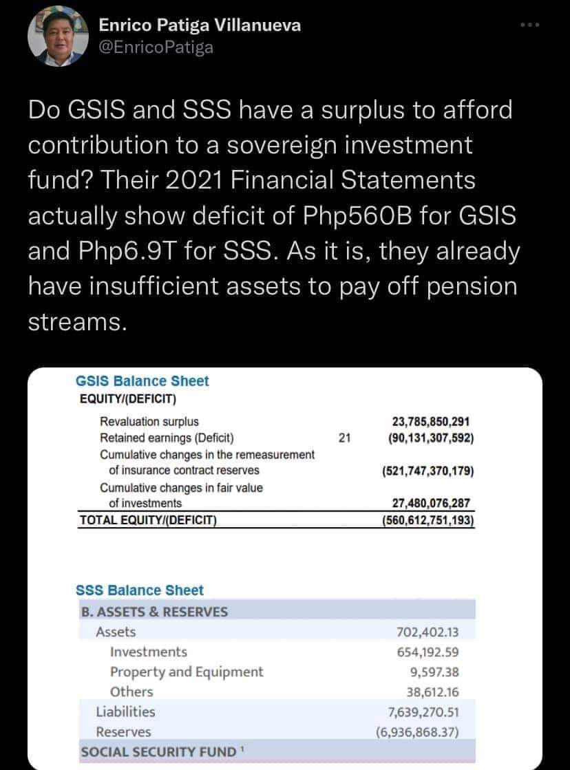 rowena_guanzon's tweet photo. Thanks Enrico Villanueva . Deficit oa ang GSIS at SSS . Kukunan pa ng 250B ang GSIS at 125B ang SSS para sa Maharlika Wealth Fund. Tutulan ! #MaharlikaInvestmentFundScam https://t.co/XNIJcnf3zH