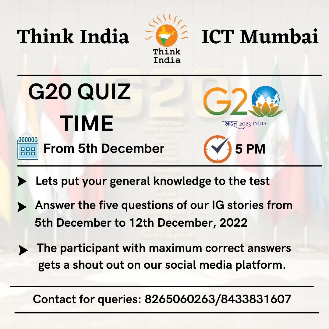 ThinkIndiaICT's tweet photo. Think India ICT is conducting a online quiz📃 for all students which would help in creating awareness about the G20 Summit 🇮🇳.

The details of the quiz are given below⬇️
Date: From 5th December till 12th December
Time⌛: 5pm

Winner will get a shoutout on our instagram page!! https://t.co/SF5BuSwCV0