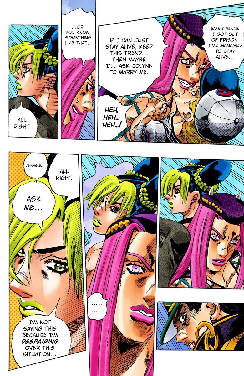 Anasui is one of the funniest characters ever cause he's so set on asking Jolyne to marry him but immediately gets too shy to ask when she confronts him about it,, I get it 

This is based of these two images (SO spoilers) 