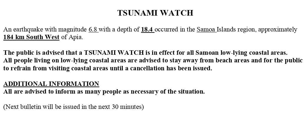 RT @BNODesk: UPDATE: Tsunami watch issued for all low-lying areas in Samoa https://t.co/kwJR3wNBjN