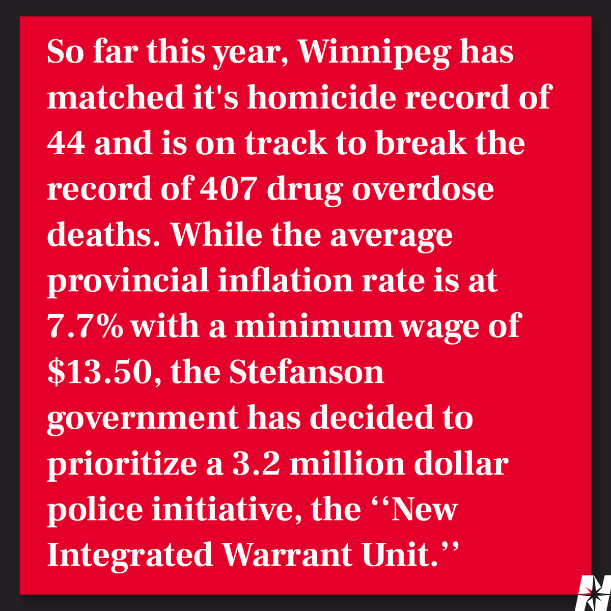 NewsNorthStar's tweet photo. (1/3) While the #overdose rate in #Winnipeg is reaching new highs, the #Stefanson #government has decided to prioritize a 3.2 million dollar #police initiative that would only worsen the problems faced by the population, according to an #activist from Winnipeg Police Cause Harm. https://t.co/tijgrnhRBw