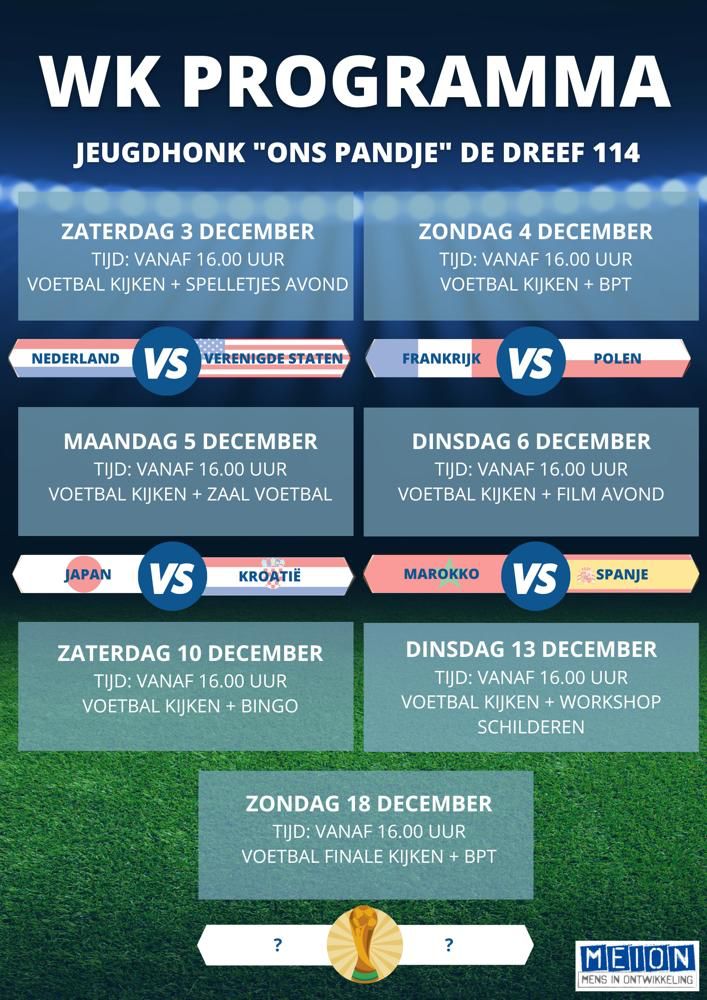 Kom je de laatste paar wedstrijden meekijken ⚽️🎆?!

Het WK wordt steeds spannender met marokko en japan in de laatste 16 kan er nog alles gebeuren! Laten we er een paar gezellige avonden van maken in 'Ons pandje'!

#wkvoetbal #meion #jongeren #marokko
