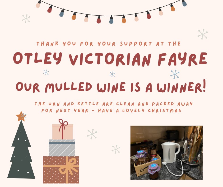 Thank you to everyone who came to support our stall today at the Otley Victorian Christmas Fayre We had an amazing day! Special notice to M'deena Otley for the electrics to power our urn for the mulled wine, special thanks also to all the volunteers who helped out.