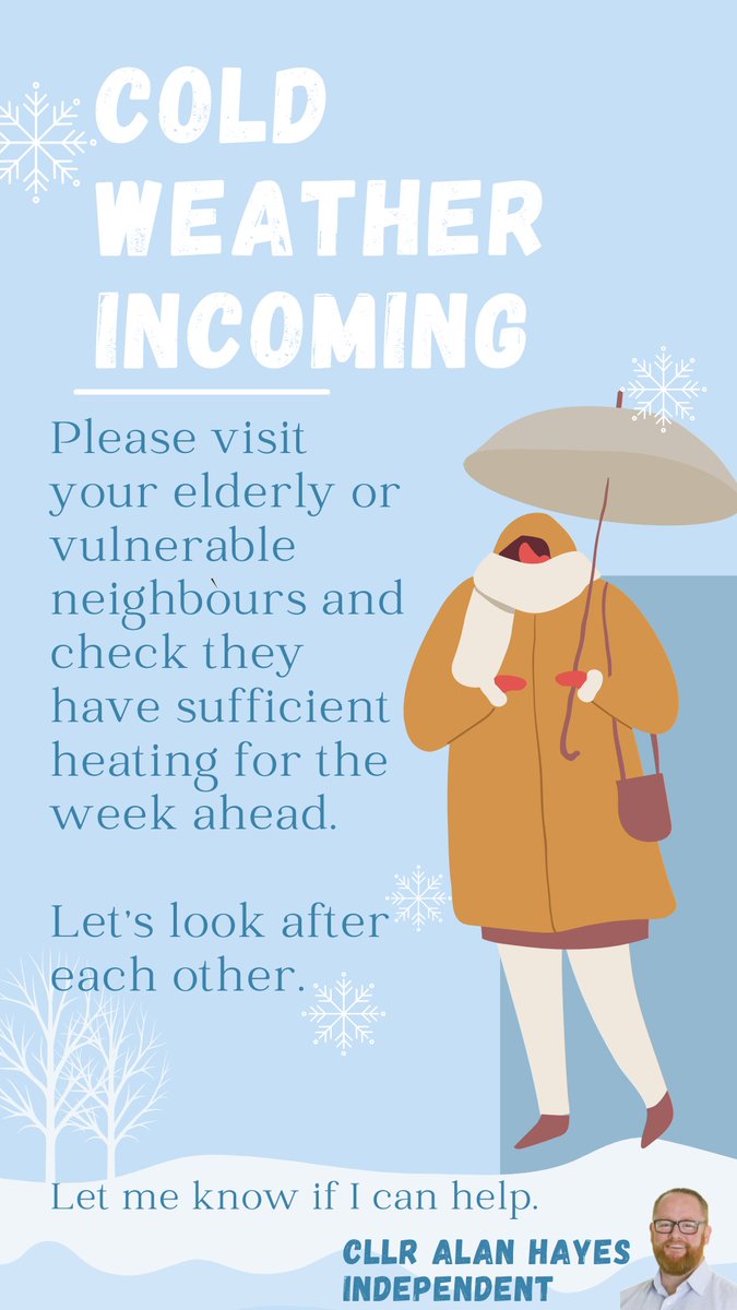 AlanHayesDublin's tweet photo. A cold week ahead. Particularly from Wednesday. So please knock in to your more vulnerable neighbours and check they have heating fuel for the weeks ahead.
Let me know if I can help.
Cllr Alan Hayes
Independent
#palmerstown #northclondalkin #Lucan #HardWorkingHAYES https://t.co/AsbZJXrpbY