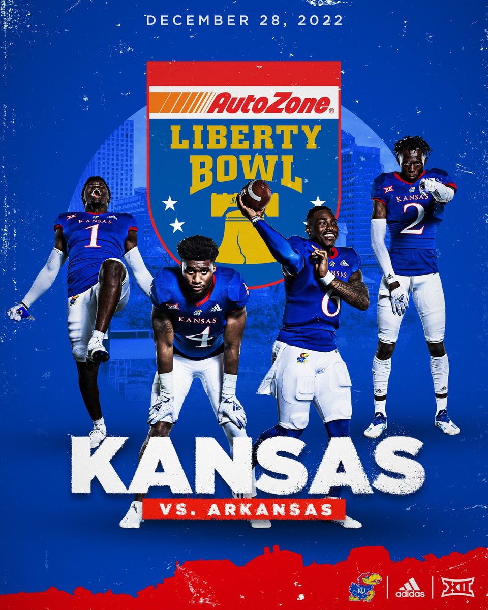 Your Kansas Jayhawks are heading to the…

🔔 AutoZone Liberty Bowl 🔔

Kansas vs. Arkansas
December 28 • Memphis, TN

Tickets &amp; Travel → bit.ly/KU22Bowl