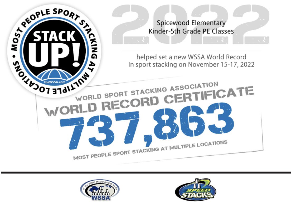 CoachPiercePE's tweet photo. We did it!!! We helped set a new @SpeedStacksInc World Record! The students are already pumped to set a new record again next year! #StackUp2022 https://t.co/CFgIxVNpvz