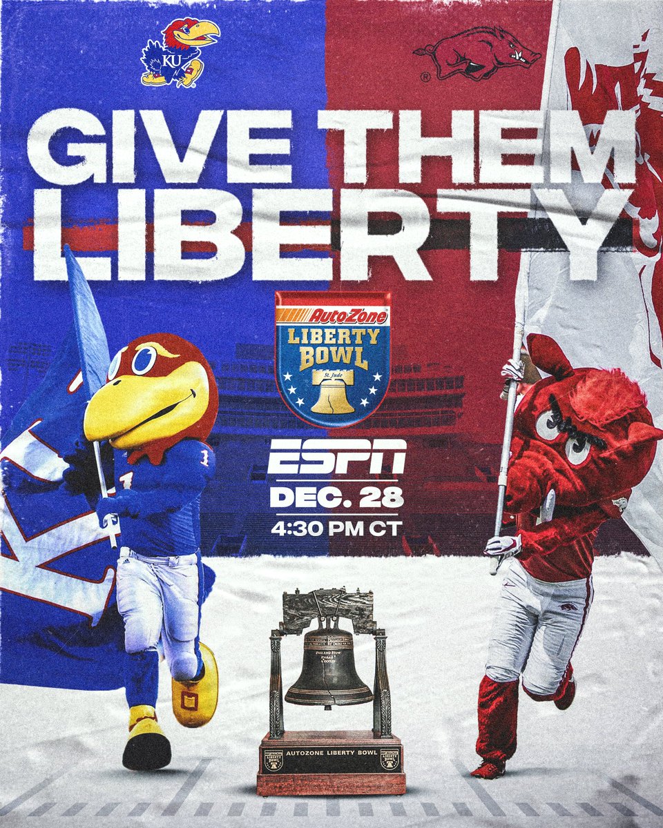 AutoZone Liberty Bowl (@azolibertybowl) on Twitter photo THE MATCHUP IS SET: <a href="/KU_Football/">Kansas Football</a> will play <a href="/RazorbackFB/">Arkansas Razorback Football</a> in the 64th @AutoZone Liberty Bowl on December 28! #AZLB64 #RockChalk #WPS
🎟 Tickets 👉 bit.ly/34vtlui THE MATCHUP IS SET: <a href="/KU_Football/">Kansas Football</a> will play <a href="/RazorbackFB/">Arkansas Razorback Football</a> in the 64th @AutoZone Liberty Bowl on December 28! #AZLB64 #RockChalk #WPS
🎟 Tickets 👉 bit.ly/34vtlui