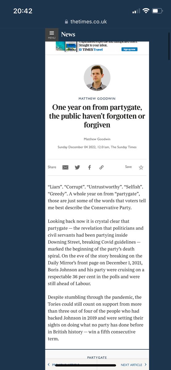 I have great respect for @GoodwinMJ but this is dreadful article. It gives away @thetimes fear Boris will return (odds shortening all time) so trying to blame him & partygate. Wrong. When Boris went we were 2-4% behind Starmer - he mentions 2% in his resignation speech. Now -25%