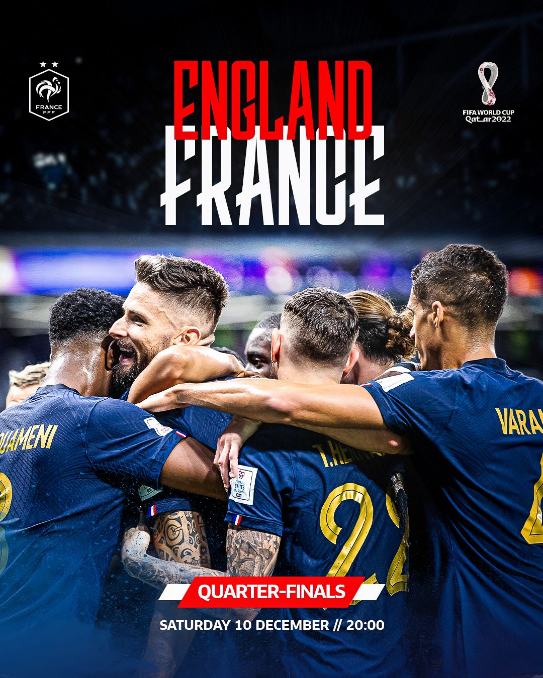 French Team on Twitter: "Next up for Les Bleus is a big game against  𝗘𝗻𝗴𝗹𝗮𝗻𝗱 🏴󠁧󠁢󠁥󠁮󠁧󠁿 Join us at 8pm next Saturday for our  𝗾𝘂𝗮𝗿𝘁𝗲𝗿-𝗳𝗶𝗻𝗮𝗹 💪 #FiersdetreBleus https://t.co/QHporRxUXv" /  Twitter