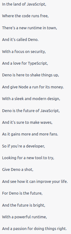 deno_diary's tweet photo. A poem about Deno courtesy of ChatGPT: https://t.co/7slx5Wi3df