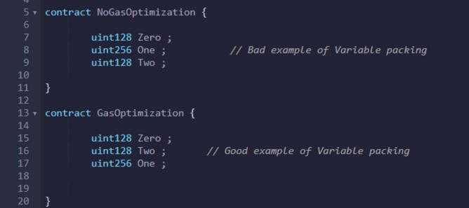 JeremyTheWizard's tweet photo. Solidity Gas Optimization Trick:

Each slot can store up to 256 bits
Data that is bigger spans multiple slots
For data smaller than a slot, solidity tries to stack it together
But here's the catch...

For this to work, we have to put the same type of variables together https://t.co/CkMBiXsEYe
