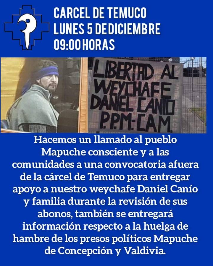 Ankuwillka_Auka's tweet photo. Mañana kom pu che,
Cárcel de Temuko, a las 9 de la mañana!!
#LibertadALxsPPM
vía Werkén Noticias https://t.co/foWinb3IJ7