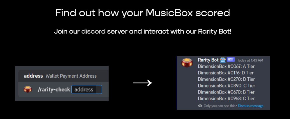 MusicBoxNFTs's tweet image. 📢ATTENTION HODLERS📢
We created a bot that will show the rarity tier of each DimensionBox you hold, with one easy command

yup :HyperCat:
#CNFT #CardanoCommunity #CardanoDev