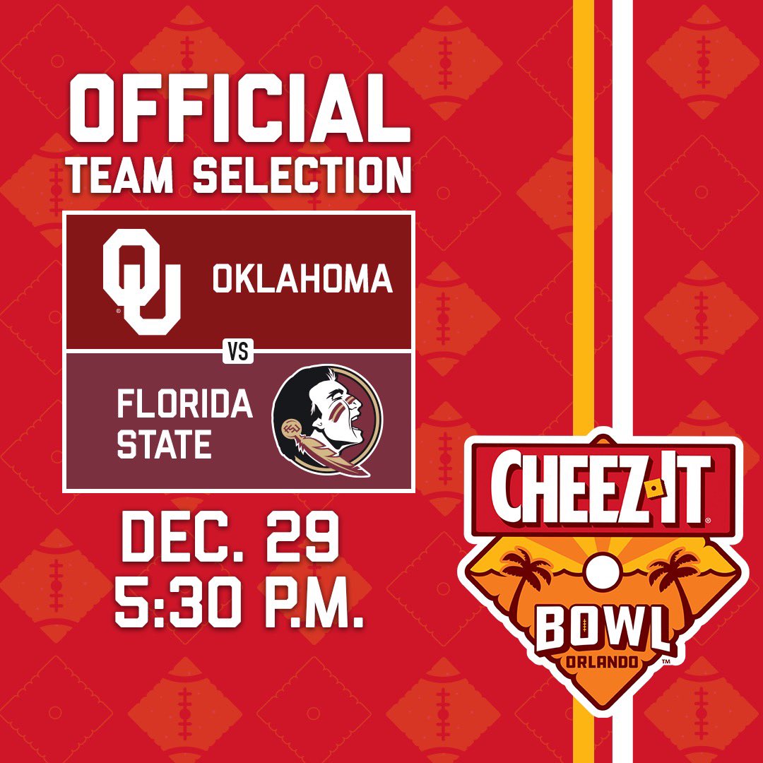 Our matchup is finally 𝟏𝟎𝟎% 𝐑𝐞𝐚𝐥 @FSUFootball will play @OU_Football in the 2022 Cheez-It Bowl! #CheezItBowl CheezItBowl.com