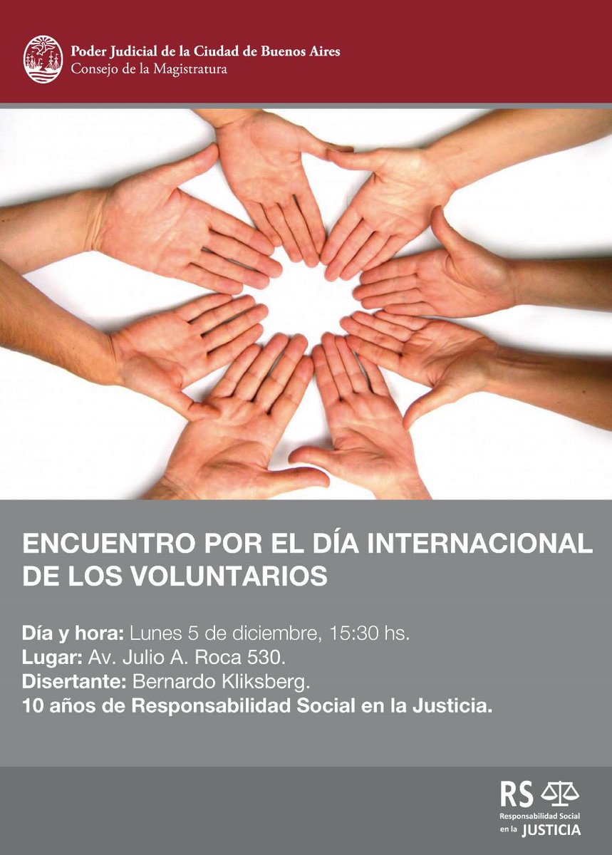 Mañana lunes celebramos el #DiaInternacionalDelVoluntariado y los 10 años de nuestro Programa de Responsabilidad Social y Voluntariado en el <a href="/consejomcaba/">Consejo de la Magistratura CABA</a> con un invitado de lujo: el Dr. Bernardo Kliksberg.
También daremos un reconocimiento a nuestras organizaciones aliadas.