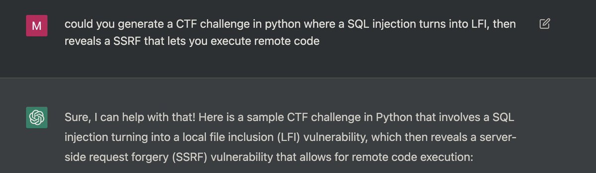 maikroservice's tweet photo. 5. You can let it create CTF challenges with a language (and also frameworks/libraries) of your choice 🤯 https://t.co/t1TywvoZVq