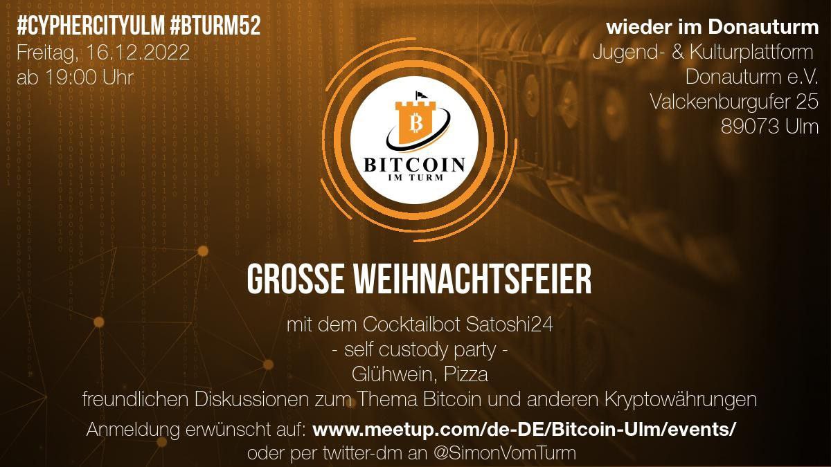 turm_im's tweet photo. Unsere letzte #Bitcoin #Weihnachtsfeier liegt schon etwas zurück, daher dachten wir, dass es mal wieder an der Zeit ist. Das reguläre #BitcoinMeetup entfällt. Stattdessen gibt es eine etwas größere #Sause am Freitag. Wer den #Turm also noch nicht kennt, das ist eure #Chance. https://t.co/yommgHb5vo